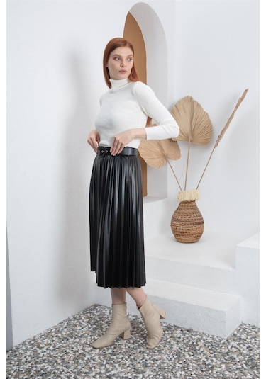 Kemerli Siyah Pliseli Deri Etek - Siyah
