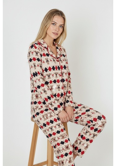 Luxury Soft Ekru Desenli Uzun Kollu Kadın Pijama Takımı 3028 Ekru