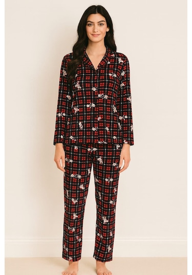 Kadın 6450 Önden Düğemli Süet Uzun Kol Pijama Takımı Lacivert-kırmızı Lacivert-kırmızı