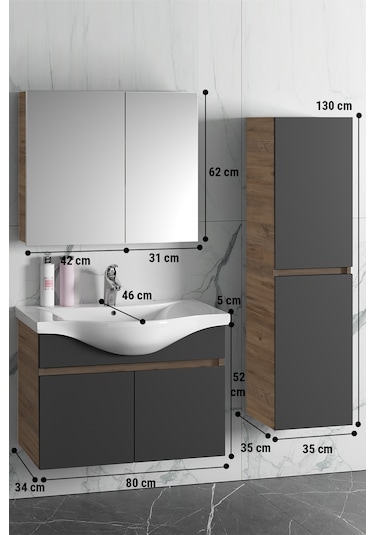 Yıldız 80+35 Cm Atlantik Çam-Antrasit Gri Mat Mdf Seramik Lavabol Antrasit - Atlantik Çam