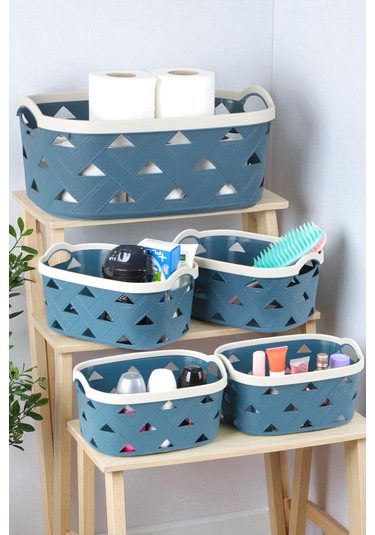 İronika 5li Dekoratif Deri Görünüm Dolap İçi Düzenleyici Saklama Kutusu Mutfak Banyo Organizer Sepet Mavi Mavi