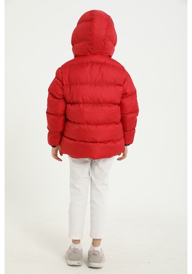 Kız Çocuk Kırmızı İçi Polarlı Kapüşonlu Su Geçirmez Rüzgara Dayanıklı Cepli Şişme Kışlık Mont Kırmızı