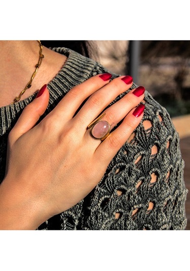 Doğal Taş Pembe Kuvars Ayarlanabilir Kadın Yüzük Aşk Taşı Euy2pk