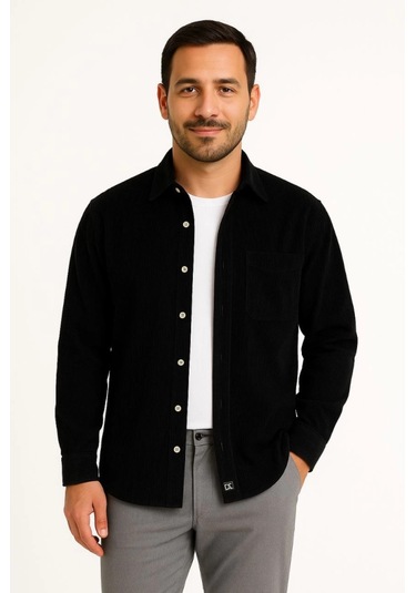 Erkek Fitilli Kadife Cepli Gömlek Oversize Rahat Kalıp - Siyah Siyah