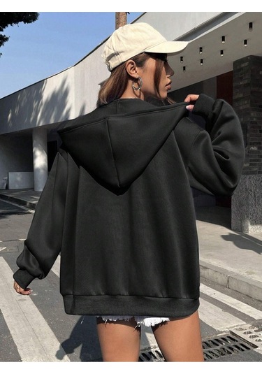 Hope Fermuarlı Hırka Sweatshirt - Siyah Baskılı Oversize Kışlık Kalın Kapüşonlu Siyah