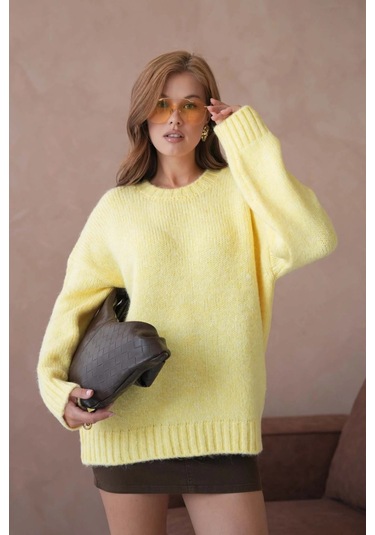 Kadın Bisiklet Yaka Yumuşak Dokulu Oversize Triko Kazak 3032 Sarı