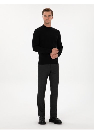 Cacharel Siyah Slim Fit Yün Karışımlı Çeyrek Balıkçı Basic Triko Kazak