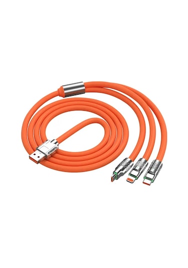 Beemen 120 W Destekli Led'li Çelik Sıvı Silikon 3 İn1 Şarj Kablosu Turuncu