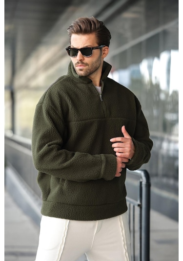Madmext Haki Yarım Fermuarlı Dik Yaka Polar Sweatshirt E7165 Haki