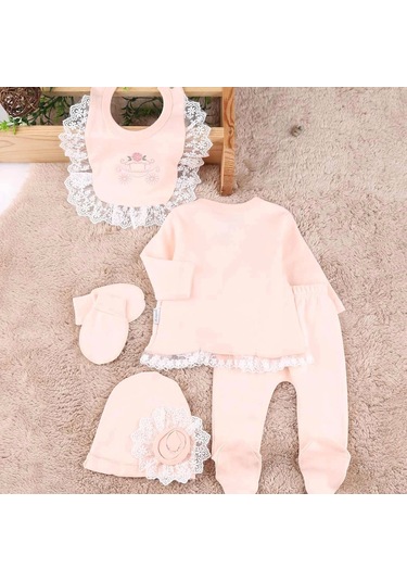 Çiçekli Araba Nakışlı Dantelli 5'li Kız Bebek Hastane Çıkışı 0-3 Ay Somon Somon