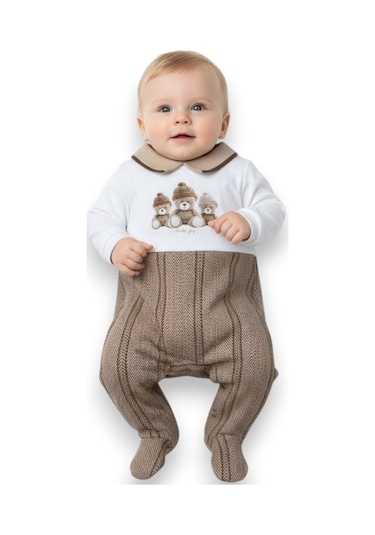 Seabubbles Ayıcık Desenli Kadife Bebek Tulum Kahverengi
