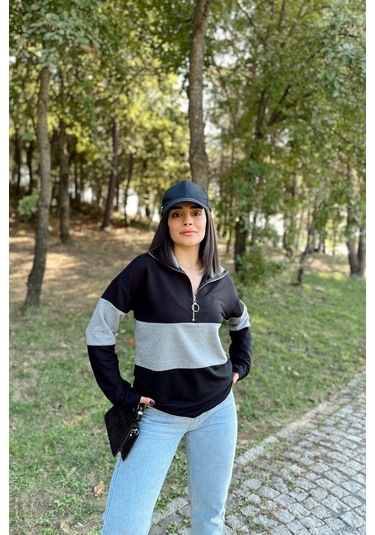 WeShaya Kadın Siyah Uzun Kol, Dik Yaka, Fermuarlı, Double Color Block Basic Sweatshirt Bluz Siyah