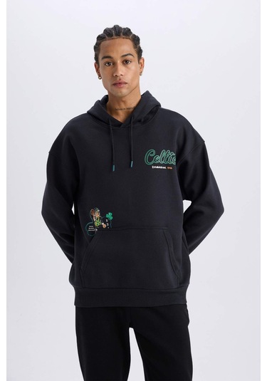 DeFactoFit NBA Boston Celtics Oversize Geniş Kalıp Kapüşonlu Sırt Baskılı Kalın Sweatshirt D6690AX25SPBK82