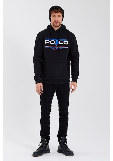 Polostate Erkek Kapüşonlu Baskılı 3 İplik Sweatshirt Siyah