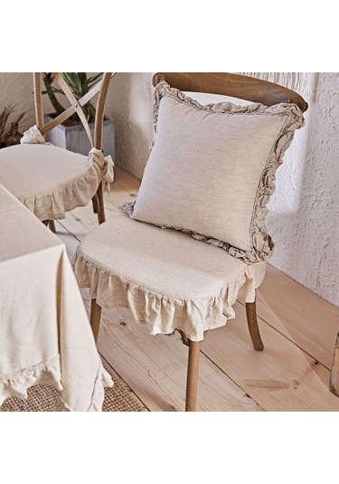 El Yapımı Buldan Yıkanmıs Keten 4 Tarafı Fırfırlı Sandalye Minderi Kılıfı Süngersiz Naturel