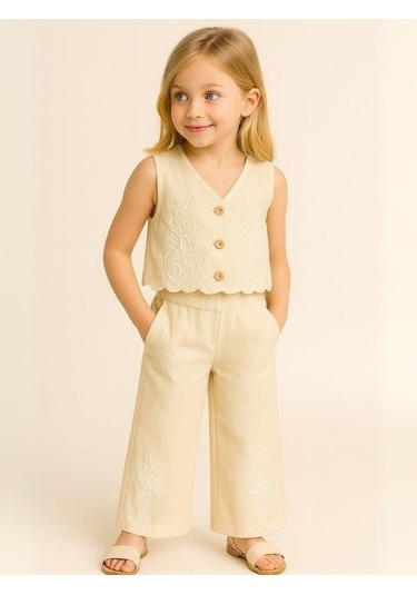 Kız Çocuk Keten Yelek Pantolon Takım-15971 KREM