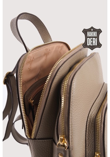 Hakiki Deri Kadın Sırt Çantası Vizon Smr9209 Vizon