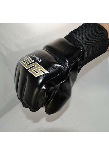 1 Çift Mma Muay Thai Eğitimi Delme Yarım Parmak Eldiveni Müsabaka Boks Eldiveni Siyah
