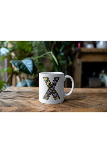 X Baş Harf Çiçek Desenleri İle Natural Tarz Kupa Bardak - Kişiye Özel Çiçekli Kahve Çay Bardak - Beyaz