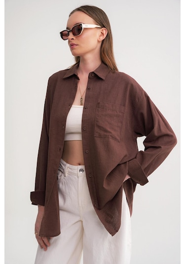 Mixray 4670 Kadın Cepli Oversize Basic Keten Gömlek Kahve