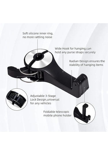 Tenfowee 360 Dönebilen Araç Başlığı Çengeli - Telefon Tutuculu Pratik Saklama Kancası GÜMÜŞ