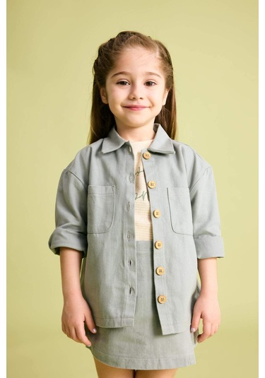 Defacto Kız Bebek Cepli Gabardin Uzun Kollu Gömlek B9654A524SPGN1102 Yeşil