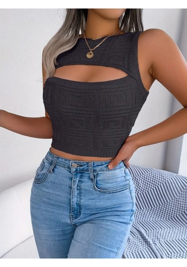 Kadın Askılı Bisiklet Yaka Güpüs Dekolteli Triko Crop Bluz Siyah