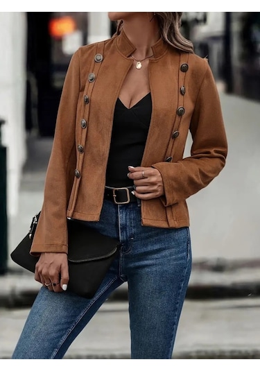 Kadın Uzun Kollu Hakim Yaka Yanlardan Düğmeli Kısa Süet Ceket Kahve