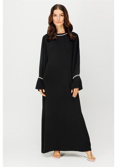 Kol Ağzı Plise Detaylı Şerit Taş İşli Elbise Siyah-siyah Siyah