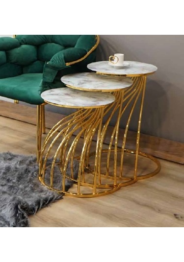 Mim Beyaz Mermer - Gold Cobra Zigon Sehpa Beyaz Mermer-Gold