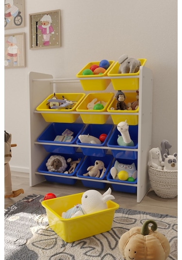 12 Sepetli Çok Amaçlı Oyuncak Dolabı Montessori Dolap Sarı-mavi Sarı-Mavi