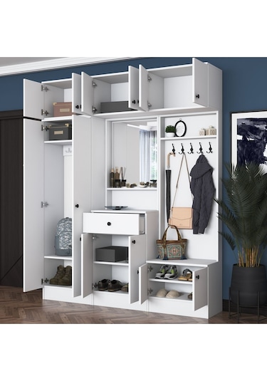 Rani Ea108 Portmanto Çekmeceli Aynalı Askılı Vestiyer Beyaz