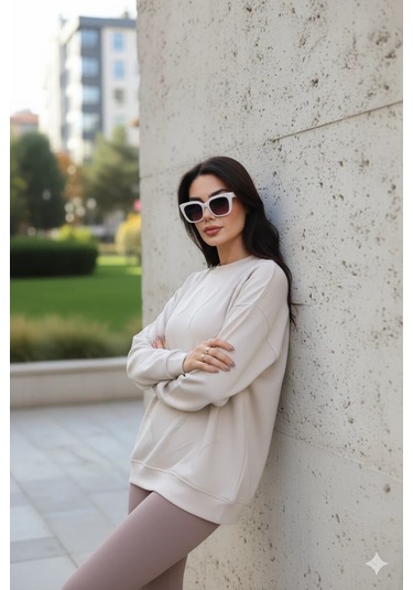 Cemo Günlük Uzun Kollu Bisiklet Yaka Basic Bluz/sweatshirt Bej