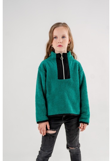 Garnili Peluş Kız Çocuk Sweat 4523 Yeşil