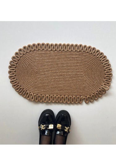 Jüt Kenarları Desenli Oval Paspas 45 X 75 Kahverengi