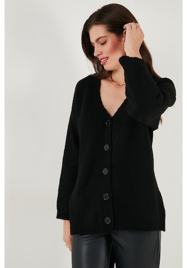 Lela Regular Fit V Yaka Düğmeli Triko Bayan Hırka 4616229 Siyah