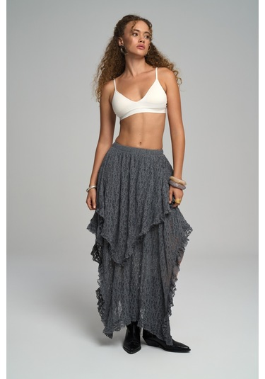 Mireya Asimetrik Antrasit Dantel Etek Antrasit