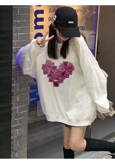 Harfli Ve Kalp Desenli Düşük Sweat-trzksw3461 Beyaz