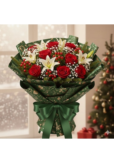 Yılbaşı Karışık Desenli Yeşil Çiçek Ambalaj Kağıdı, Hediye Paketl