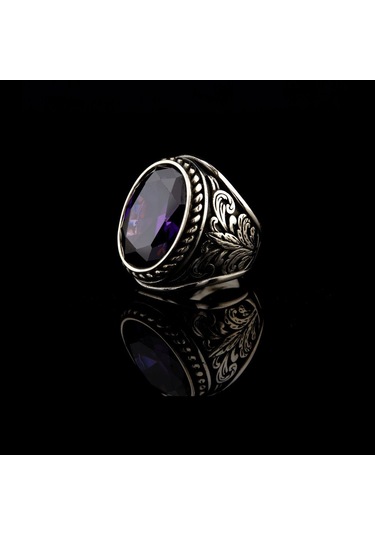 925 Ayar Gümüş Yaprak İşlemeli Ametist Taşlı Erkek Yüzük Çok Renkli