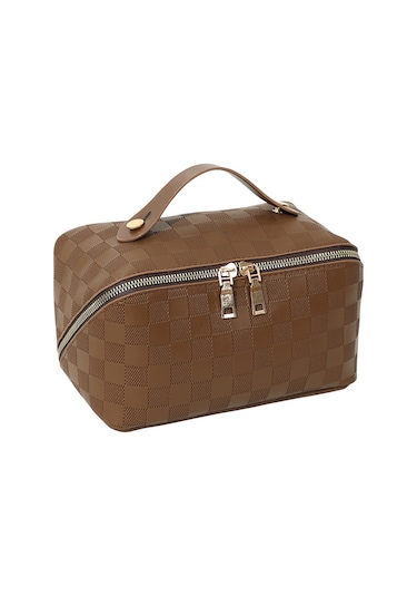 Reedark Kahverengi Siyah Desenli Büyük Kapasiteli Makyaj Çantası - Su Geçirmez, İki Yönlü Reçine, Sağlıklı Kullanım, Konforlu Saklama Kahverengi