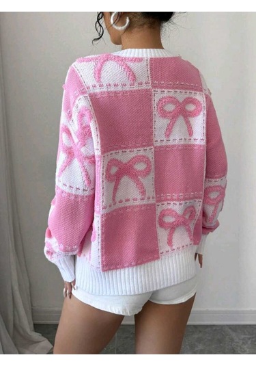 Sayzen Your Shine Kurdele Işlemeli Kareli Oversize Kazak Sy-2502 Pembe