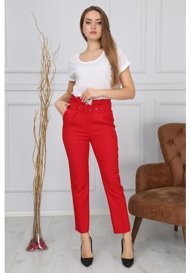 Bluence Beli Kemerli Kırmızı Dar Paça Kumaş Pantolon Kırmızı
