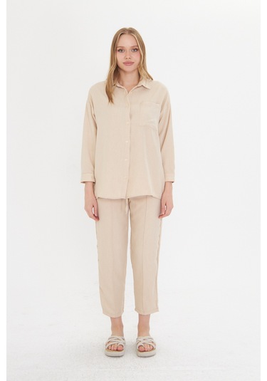 Bej Kadın Keten Gömlek Ve Pantolon Alt Üst Takım Bej