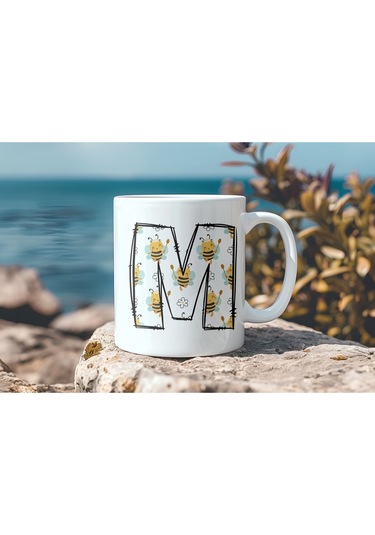 M Harfi Arı Desenli Kupa - Sevimli Hayvan Temalı Kişiye Özel Kahve Kupası - Şans Kupası Beyaz