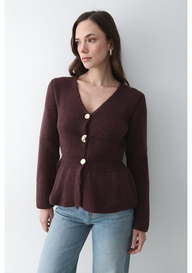 Bordo 3 Düğmeli Pileli Hırka - 251065 Bordo