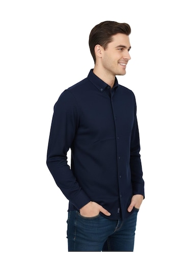 Rasstmen Erkek Spor Slim Fit Uzun Kol Petek Dokulu Gömlek Bgl-st04823 Lacivert