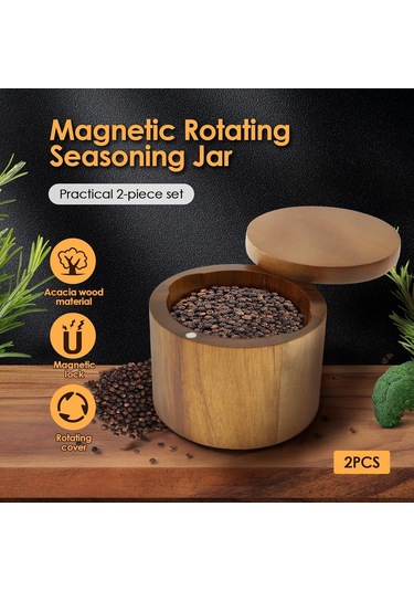 Jeemson Akasya Ahşap Baharat Depolama Kavanozu, Manyetik Döner Kapak Ve Kaşık İle Tuz-biber Saklama Kutusu Ahşap