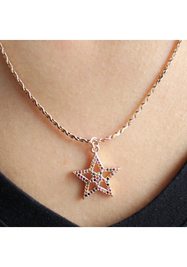 Renkli Zirkon Taşlı Gold Kolye Gold