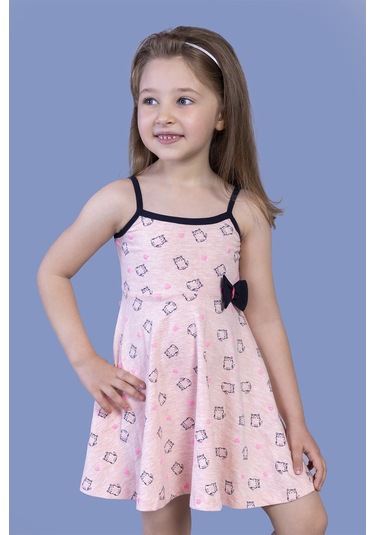 Toontoy Kız Çocuk Kedi Desenli Fiyonk Detaylı Volanlı Elbise Pembe Melanj